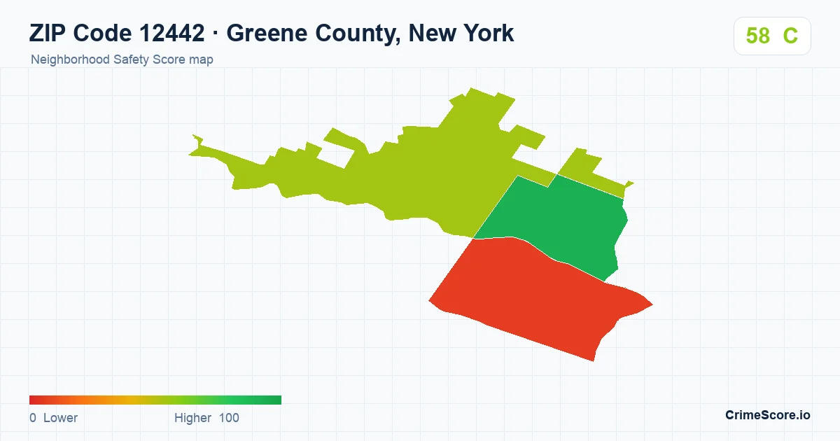 ZIP Code 12442 in Greene County, New York neighborhood Safety Score map