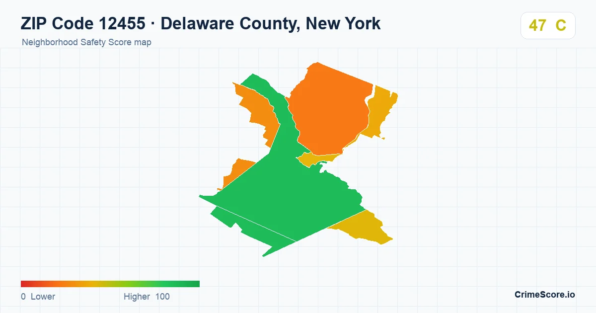 ZIP Code 12455 in Delaware County, New York neighborhood Safety Score map