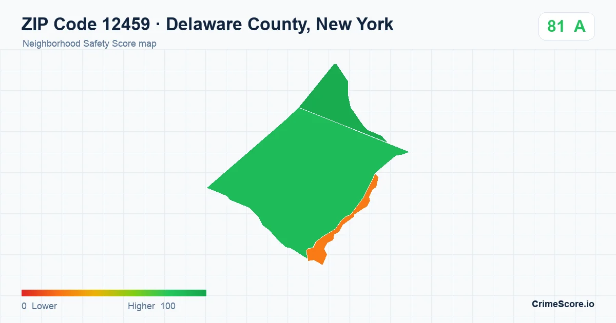 ZIP Code 12459 in Delaware County, New York neighborhood Safety Score map