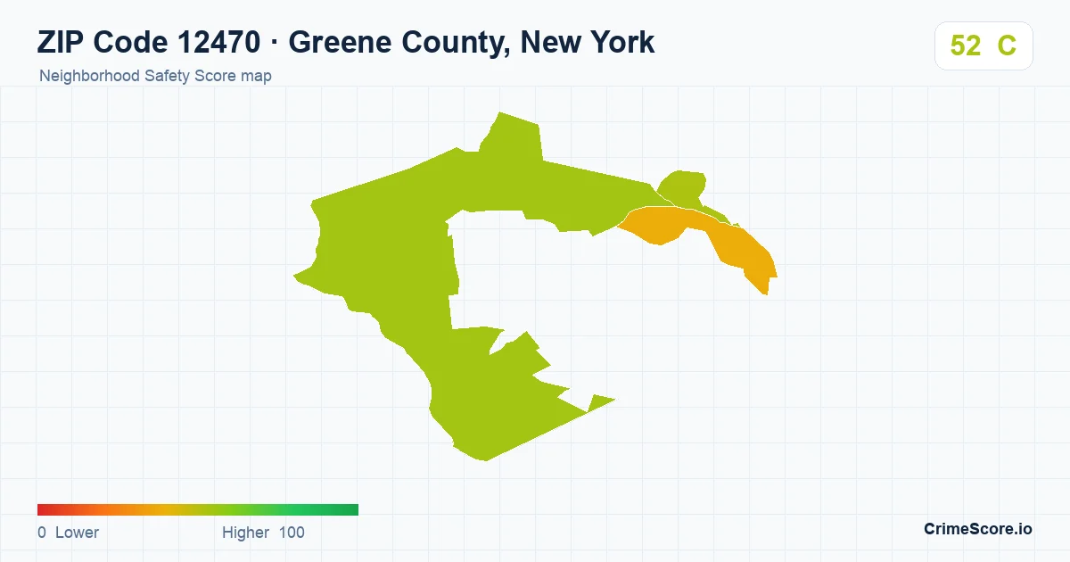 ZIP Code 12470 in Greene County, New York neighborhood Safety Score map