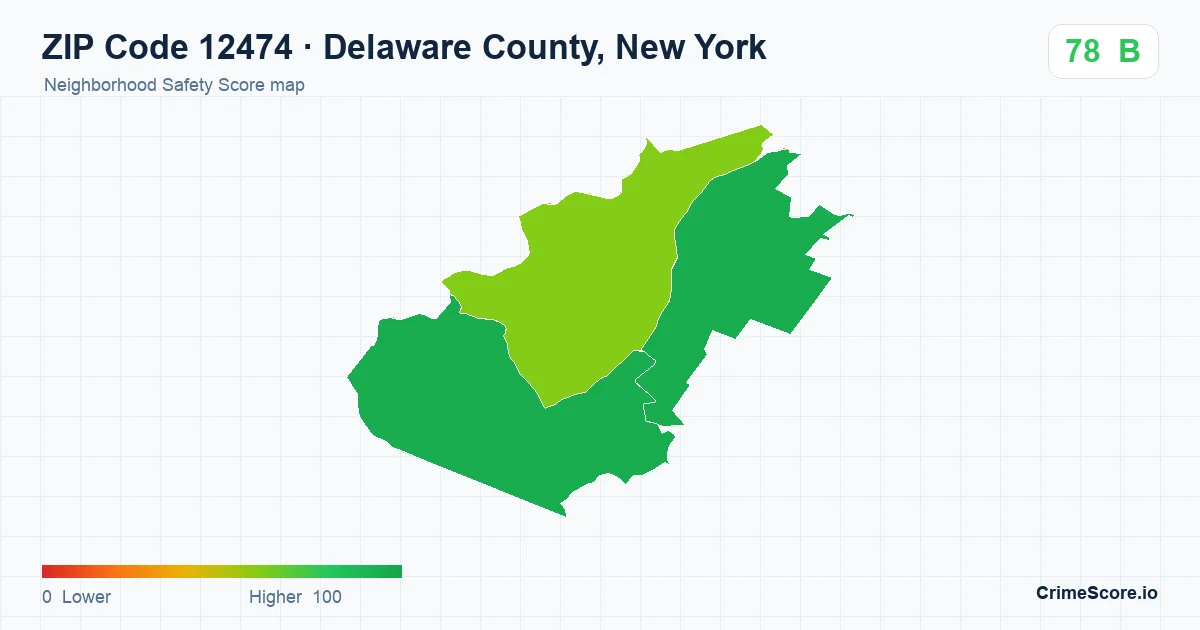 ZIP Code 12474 in Delaware County, New York neighborhood Safety Score map