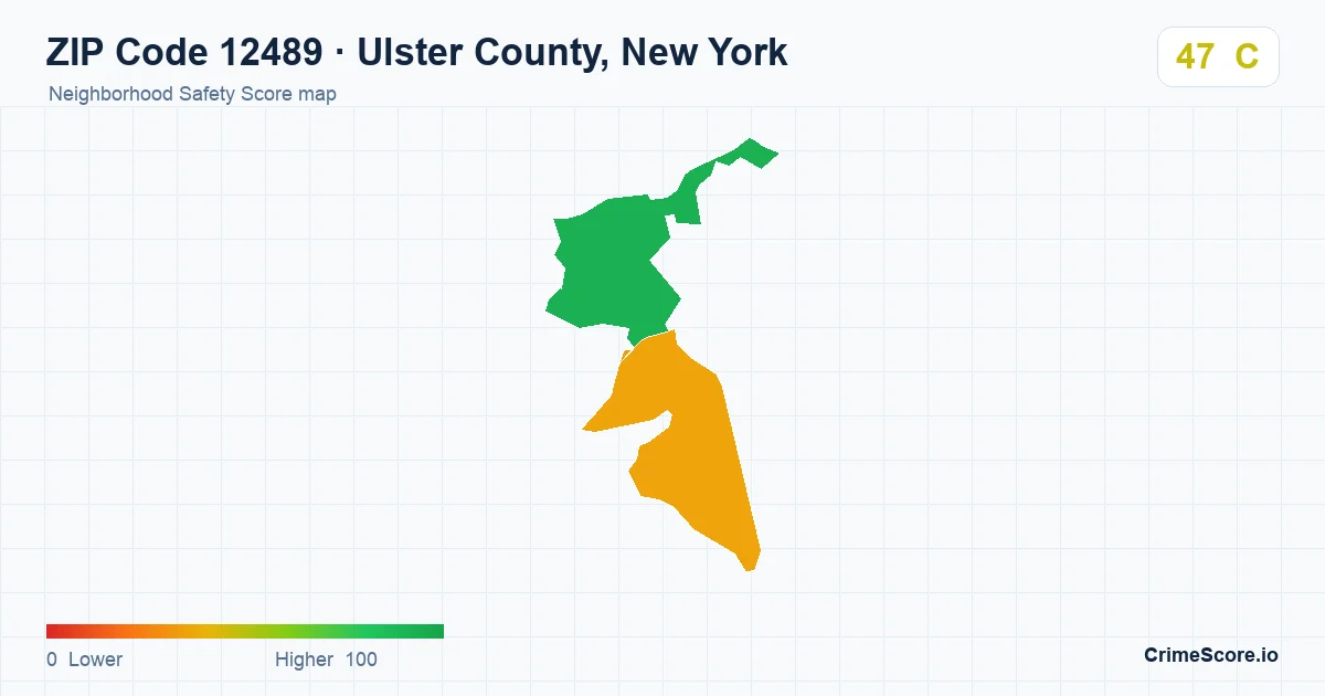 ZIP Code 12489 in Ulster County, New York neighborhood Safety Score map