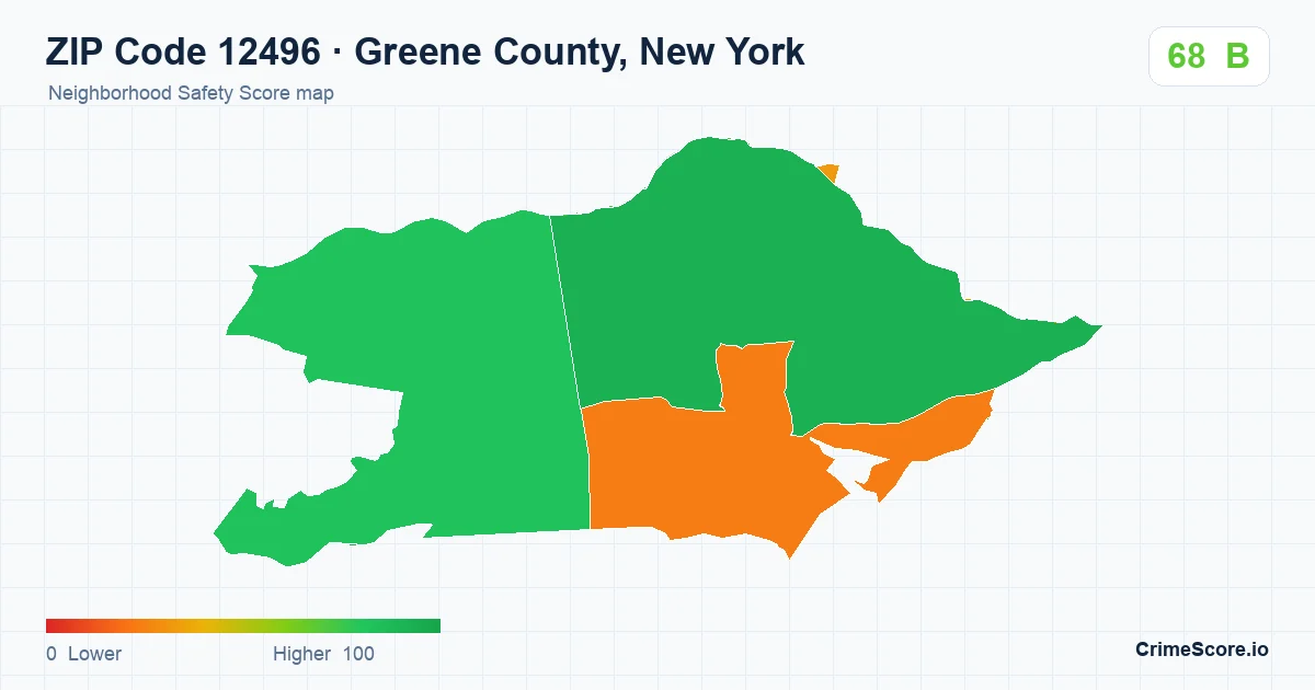 ZIP Code 12496 in Greene County, New York neighborhood Safety Score map