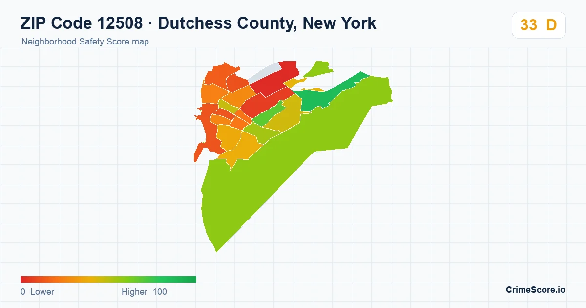 ZIP Code 12508 in Dutchess County, New York neighborhood Safety Score map
