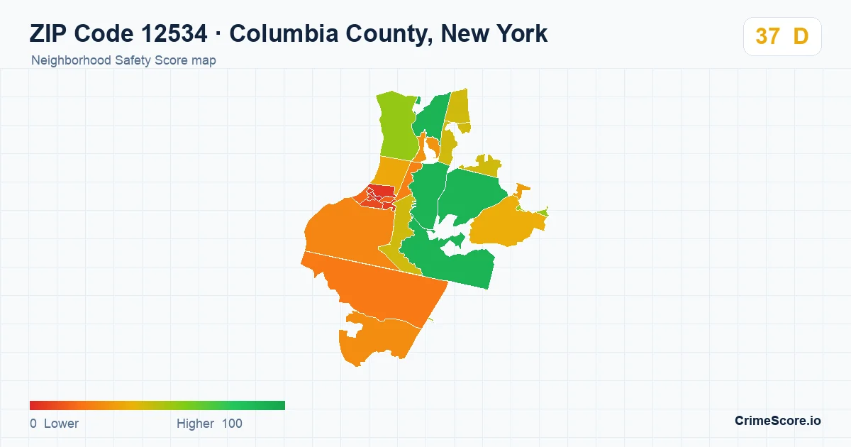 ZIP Code 12534 in Columbia County, New York neighborhood Safety Score map