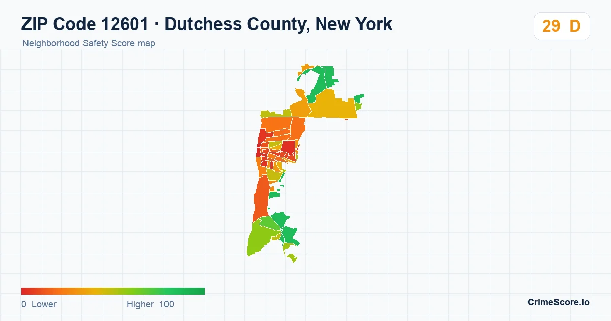 ZIP Code 12601 in Dutchess County, New York neighborhood Safety Score map