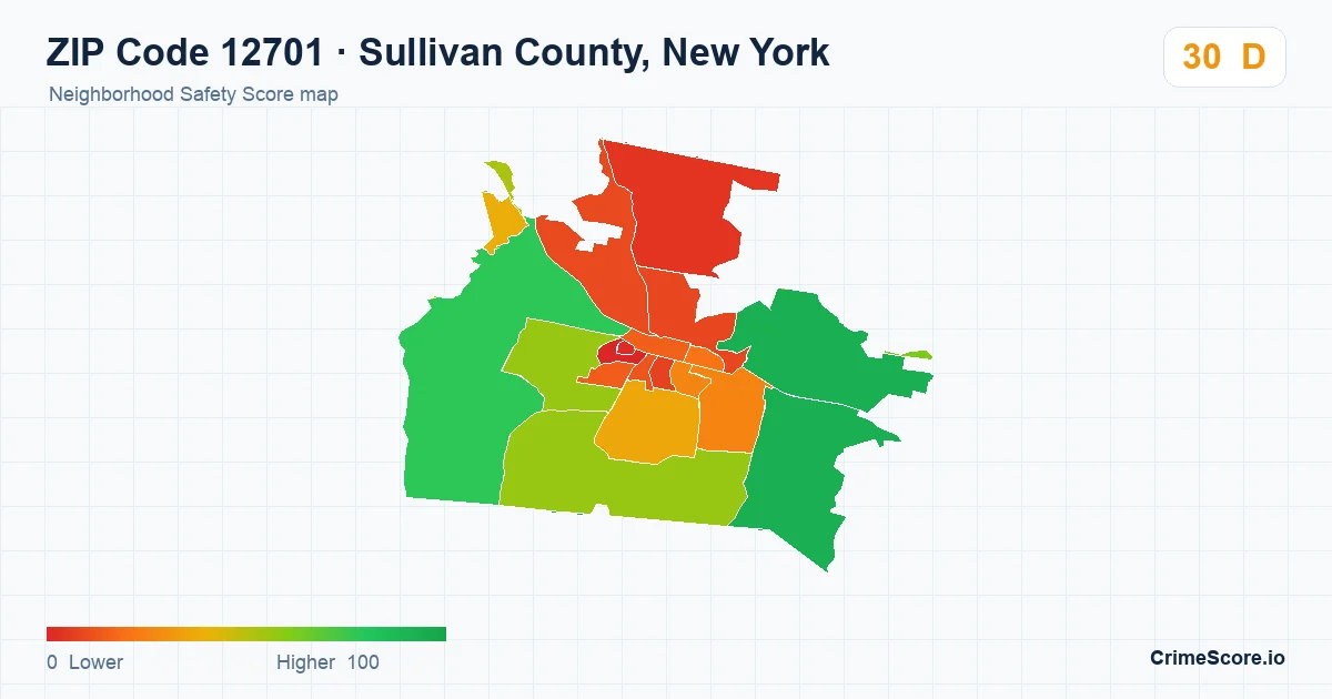 ZIP Code 12701 in Sullivan County, New York neighborhood Safety Score map