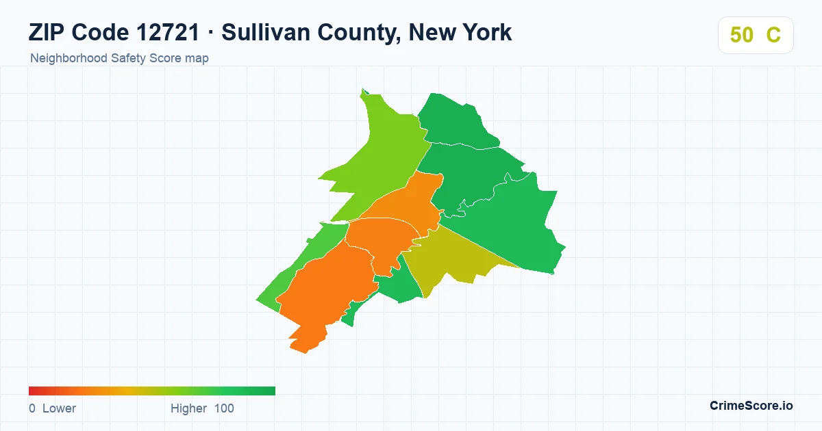 ZIP Code 12721 in Sullivan County, New York neighborhood Safety Score map
