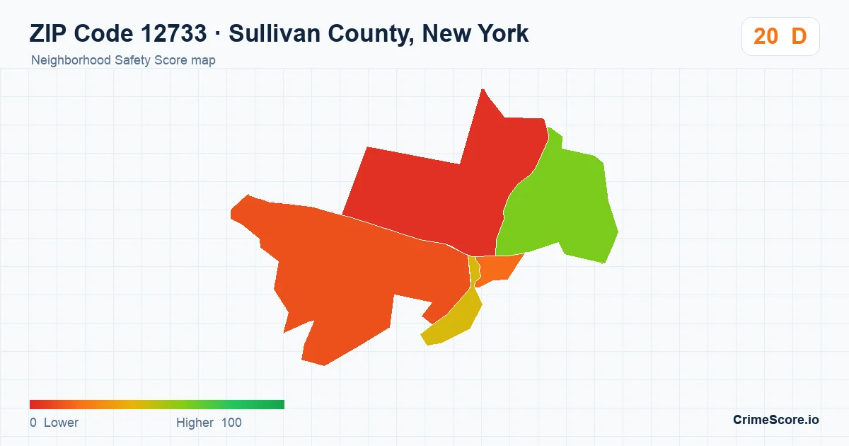 ZIP Code 12733 in Sullivan County, New York neighborhood Safety Score map