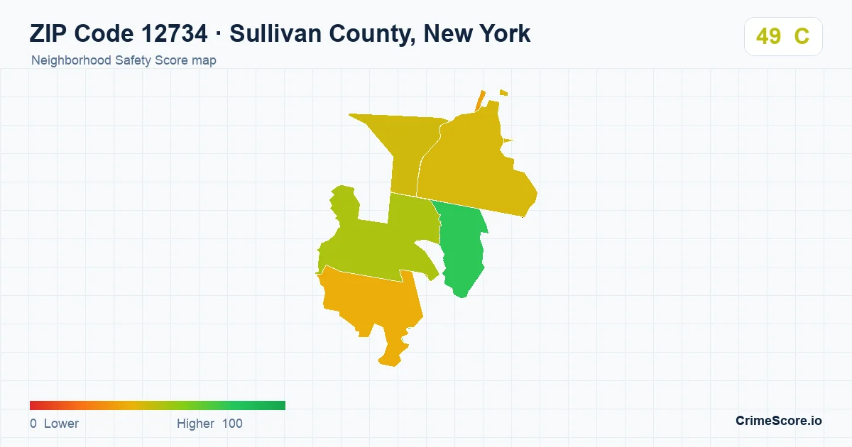 ZIP Code 12734 in Sullivan County, New York neighborhood Safety Score map