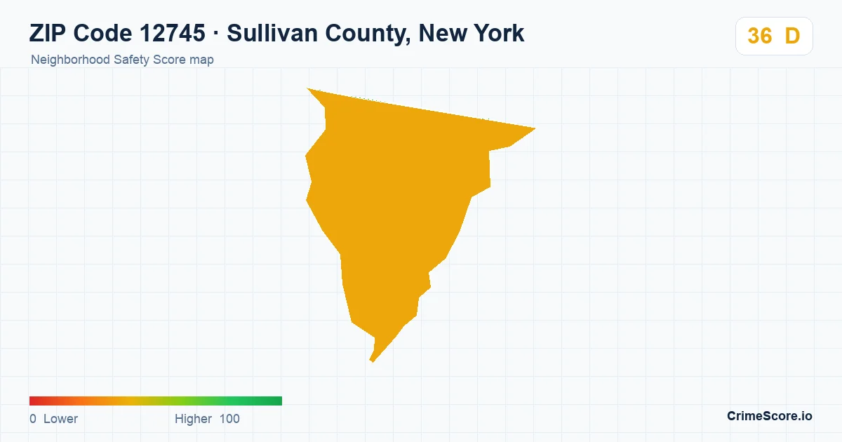 ZIP Code 12745 in Sullivan County, New York neighborhood Safety Score map