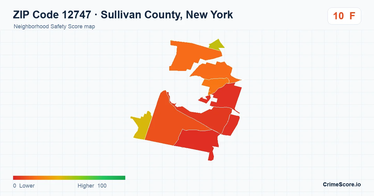 ZIP Code 12747 in Sullivan County, New York neighborhood Safety Score map