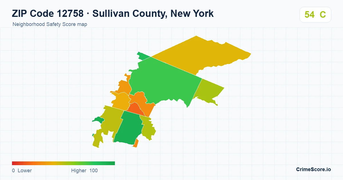 ZIP Code 12758 in Sullivan County, New York neighborhood Safety Score map