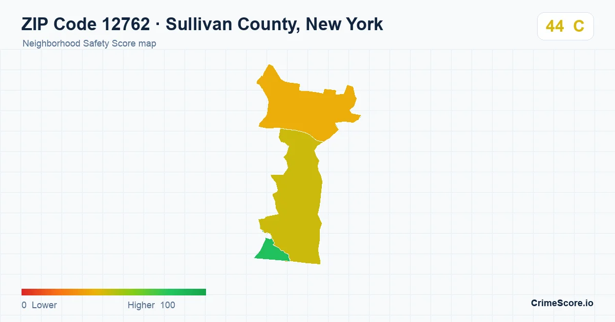 ZIP Code 12762 in Sullivan County, New York neighborhood Safety Score map