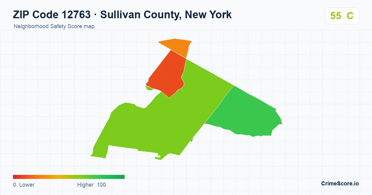 ZIP Code 12763 in Sullivan County, New York neighborhood Safety Score map