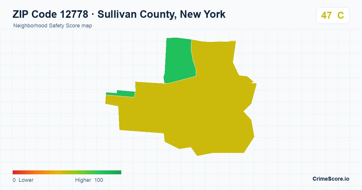 ZIP Code 12778 in Sullivan County, New York neighborhood Safety Score map