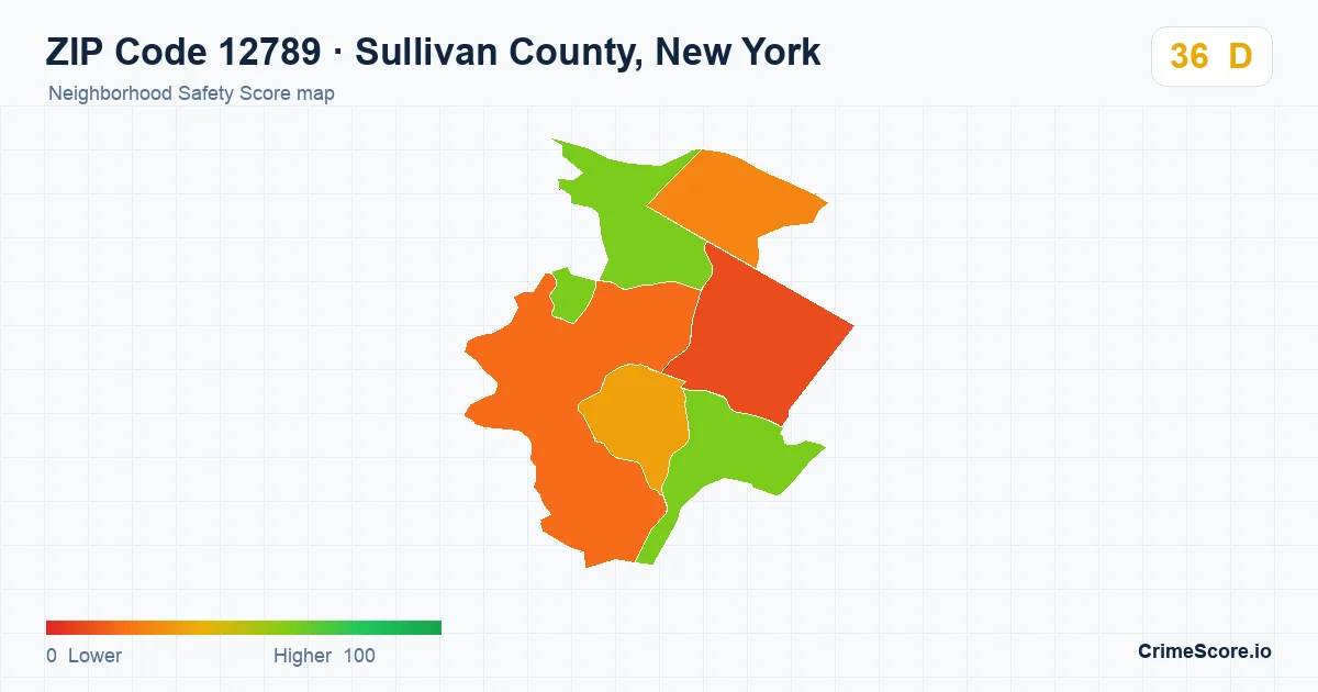 ZIP Code 12789 in Sullivan County, New York neighborhood Safety Score map
