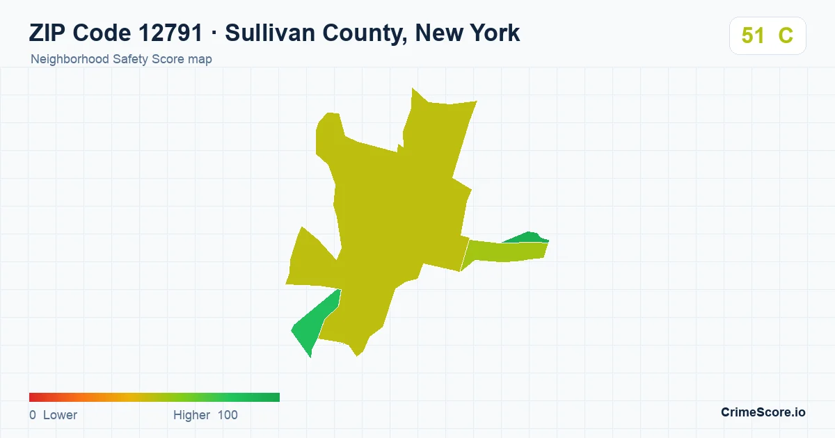 ZIP Code 12791 in Sullivan County, New York neighborhood Safety Score map