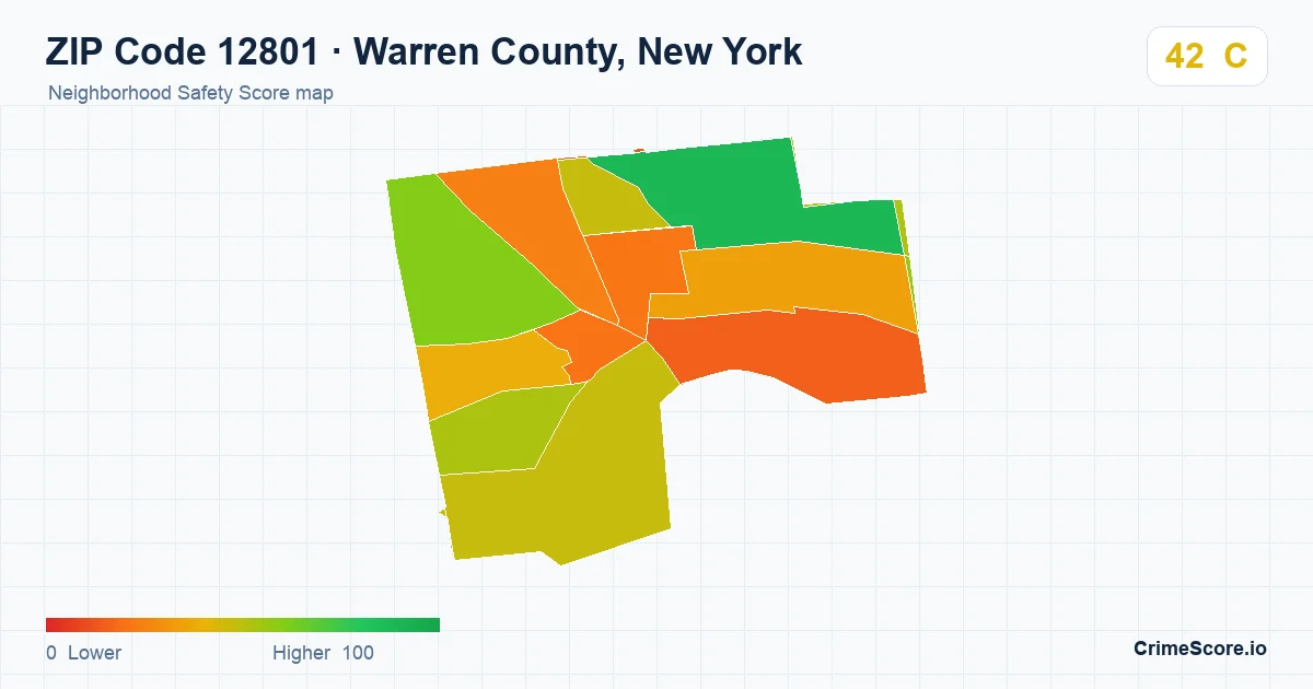ZIP Code 12801 in Warren County, New York neighborhood Safety Score map