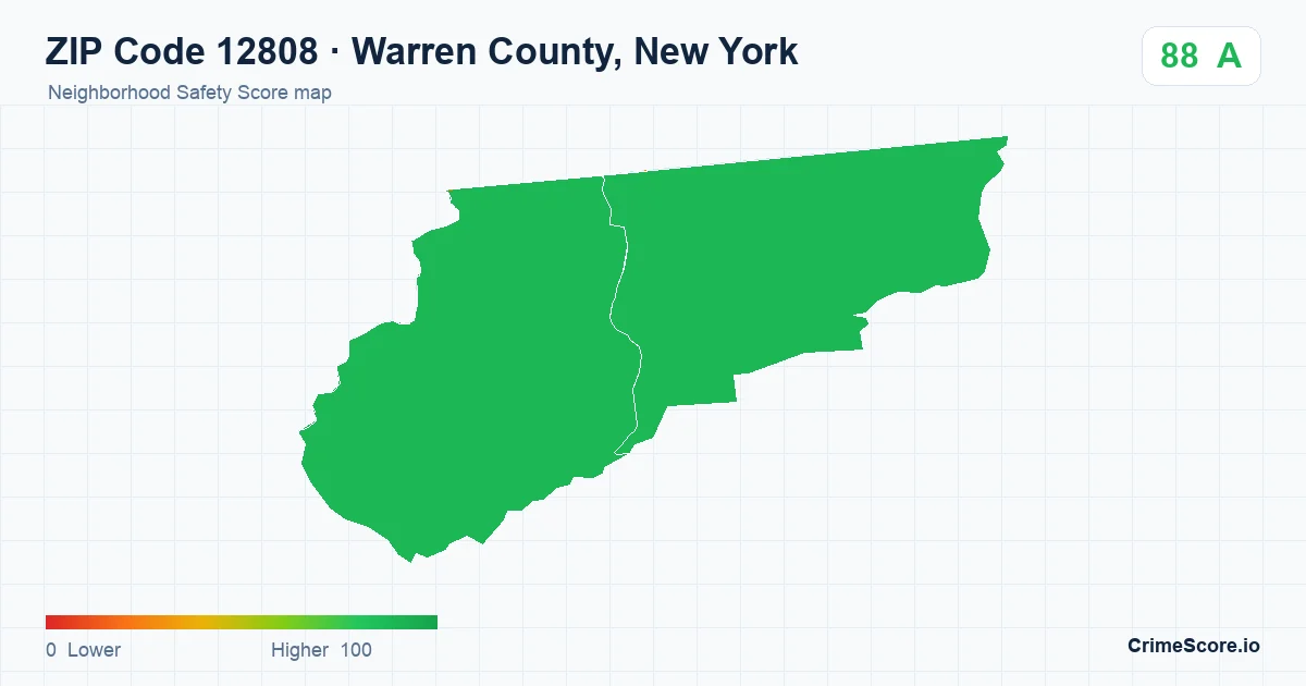 ZIP Code 12808 in Warren County, New York neighborhood Safety Score map