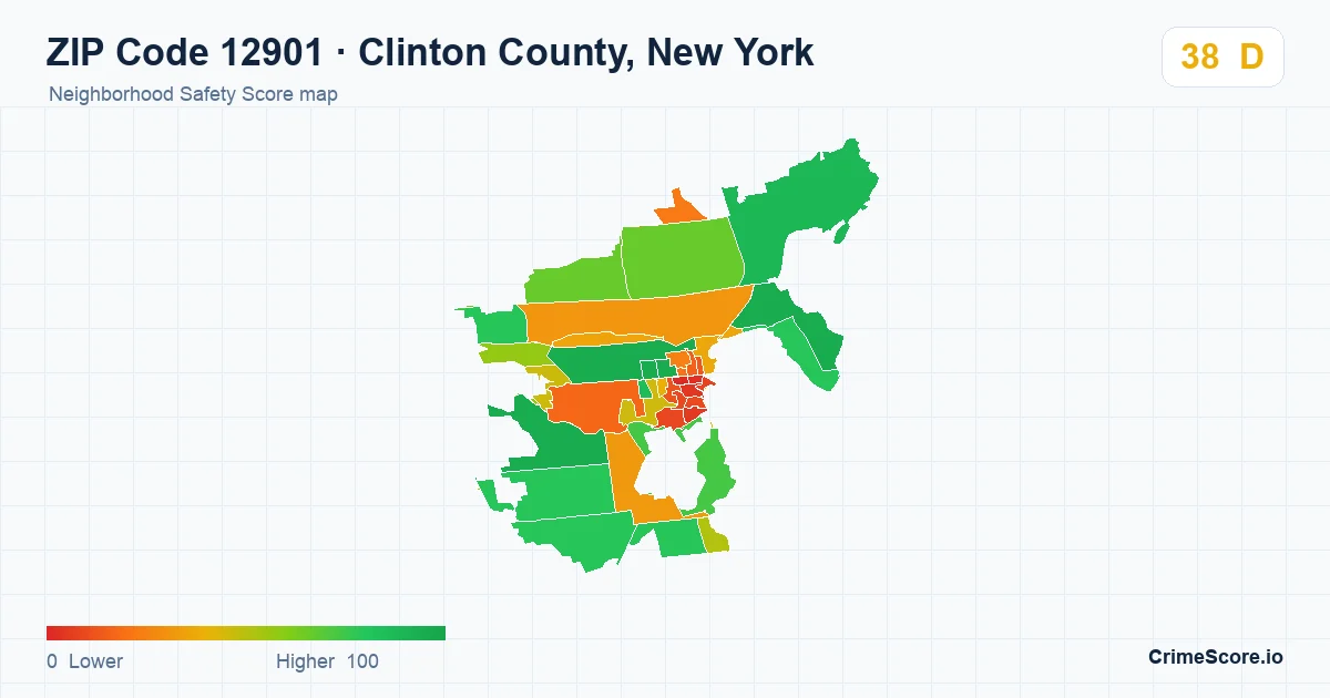 ZIP Code 12901 in Clinton County, New York neighborhood Safety Score map