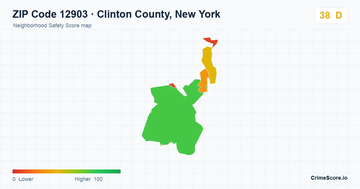 ZIP Code 12903 in Clinton County, New York neighborhood Safety Score map