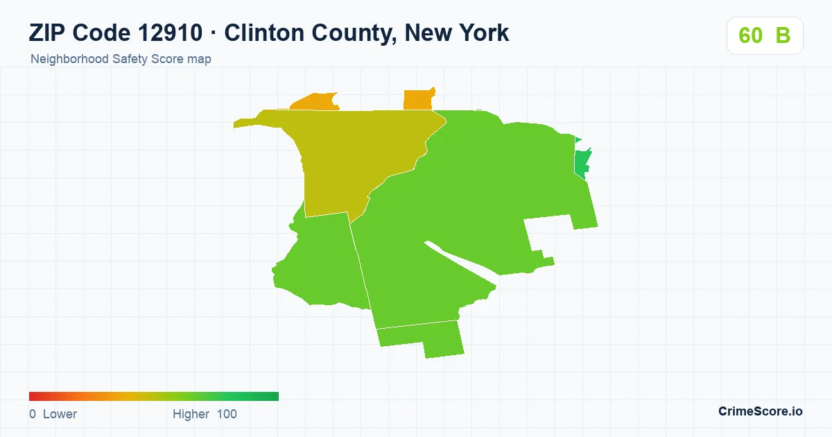 ZIP Code 12910 in Clinton County, New York neighborhood Safety Score map