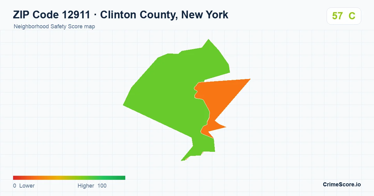 ZIP Code 12911 in Clinton County, New York neighborhood Safety Score map