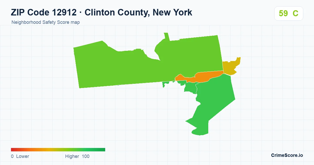 ZIP Code 12912 in Clinton County, New York neighborhood Safety Score map