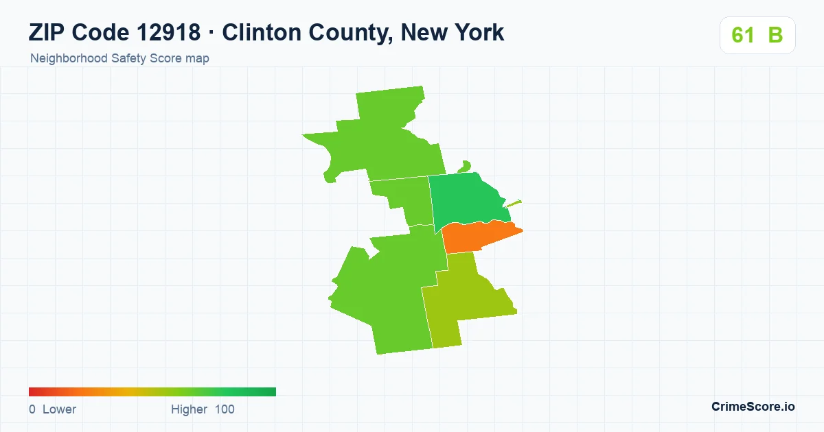 ZIP Code 12918 in Clinton County, New York neighborhood Safety Score map