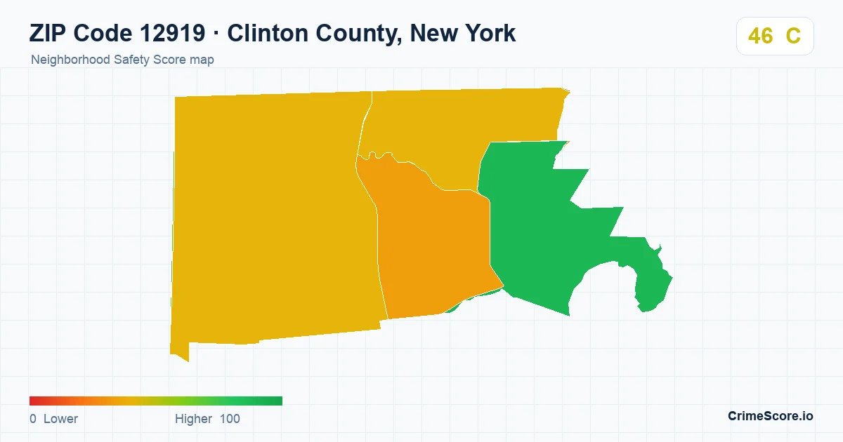 ZIP Code 12919 in Clinton County, New York neighborhood Safety Score map