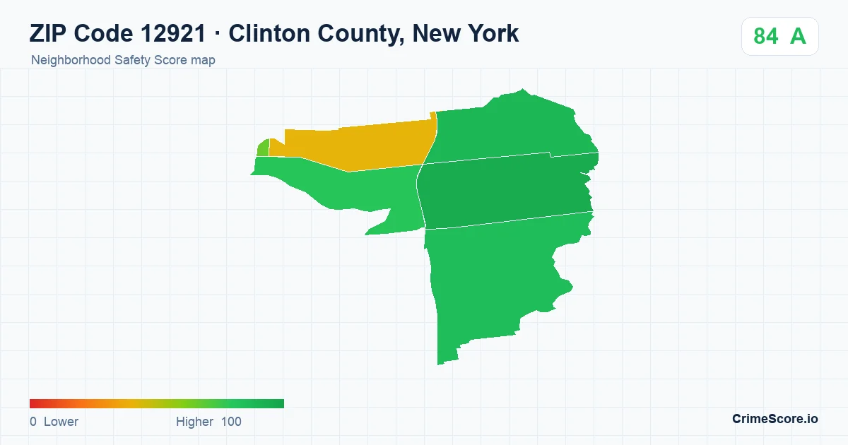 ZIP Code 12921 in Clinton County, New York neighborhood Safety Score map