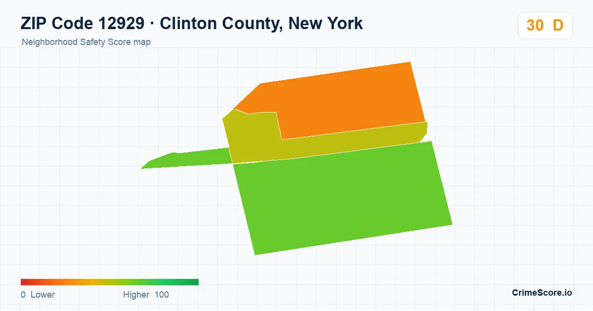 ZIP Code 12929 in Clinton County, New York neighborhood Safety Score map
