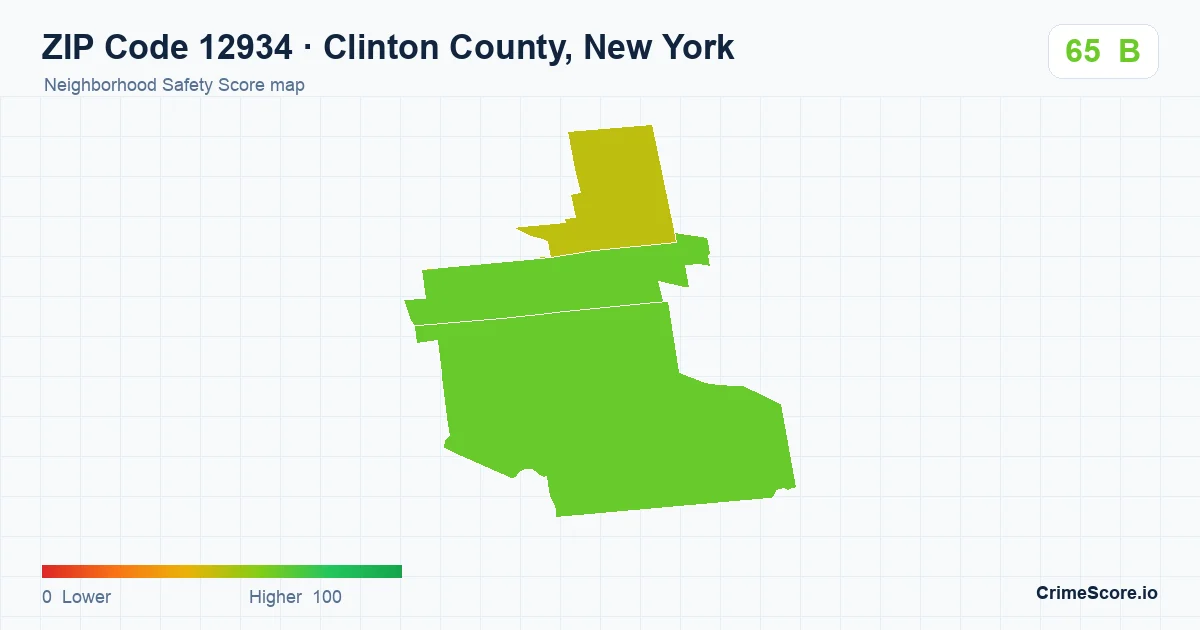 ZIP Code 12934 in Clinton County, New York neighborhood Safety Score map