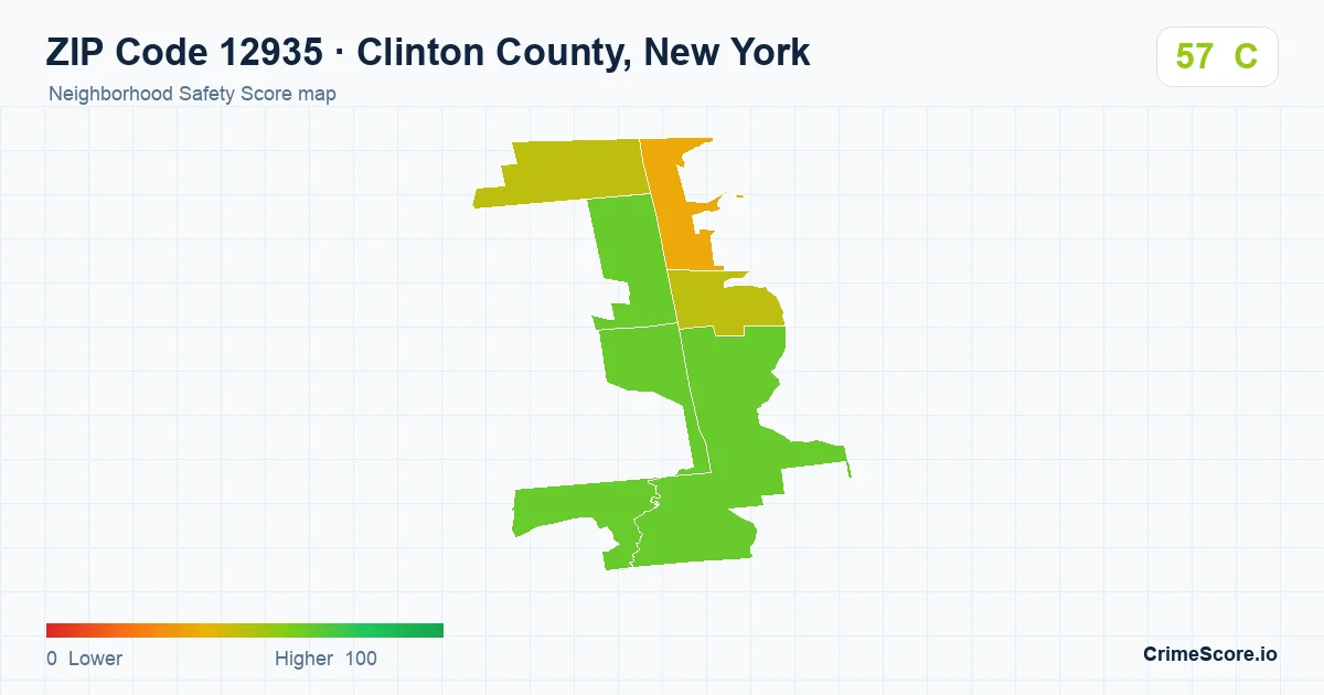 ZIP Code 12935 in Clinton County, New York neighborhood Safety Score map