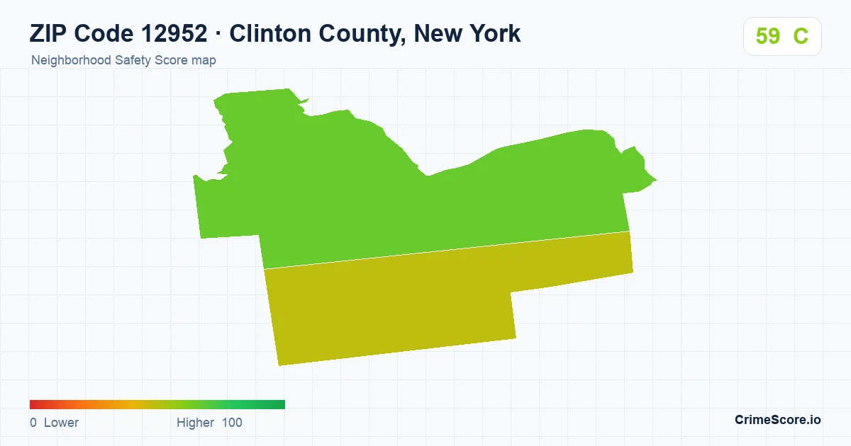 ZIP Code 12952 in Clinton County, New York neighborhood Safety Score map