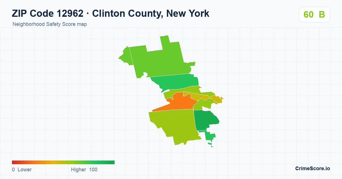 ZIP Code 12962 in Clinton County, New York neighborhood Safety Score map