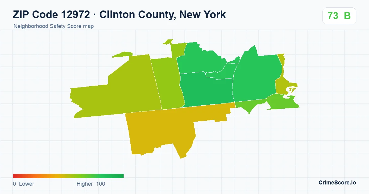 ZIP Code 12972 in Clinton County, New York neighborhood Safety Score map