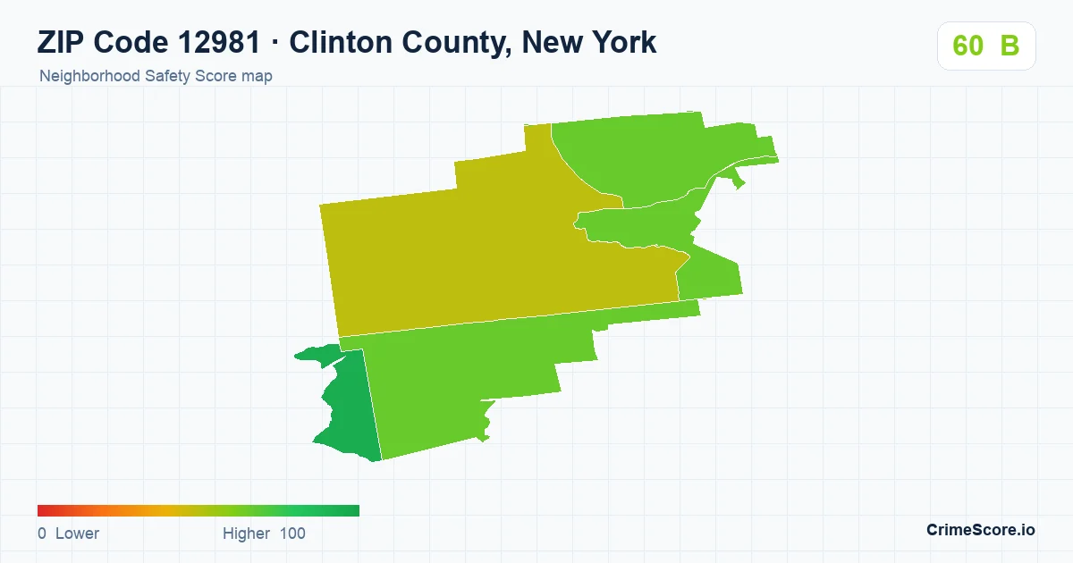 ZIP Code 12981 in Clinton County, New York neighborhood Safety Score map