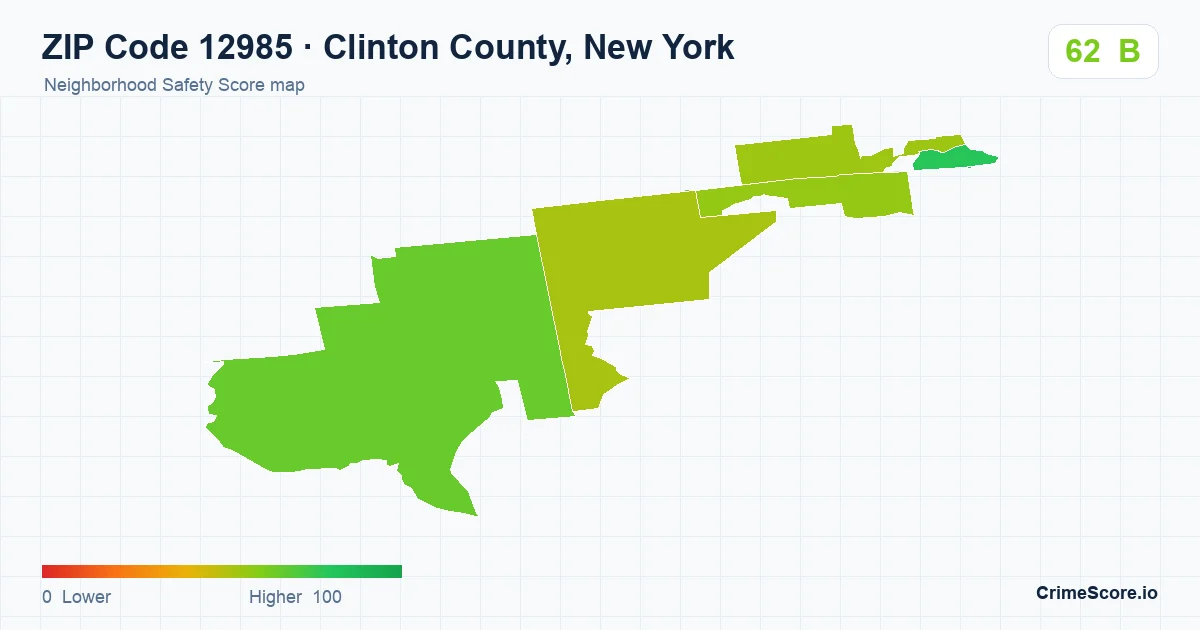 ZIP Code 12985 in Clinton County, New York neighborhood Safety Score map
