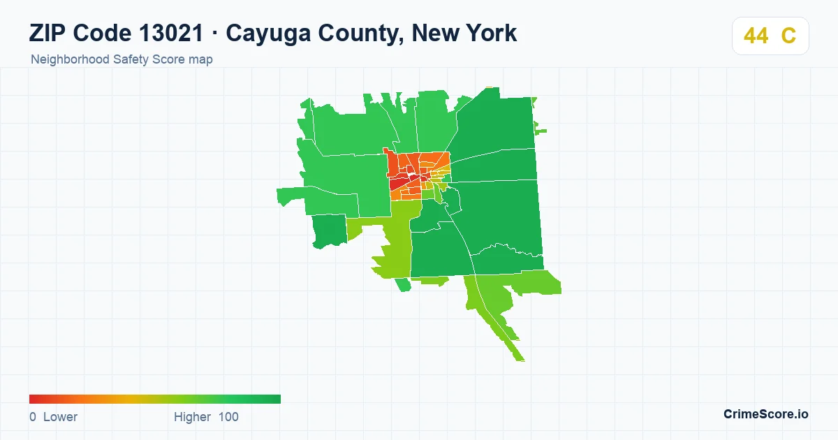 ZIP Code 13021 in Cayuga County, New York neighborhood Safety Score map
