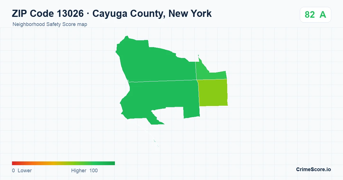ZIP Code 13026 in Cayuga County, New York neighborhood Safety Score map