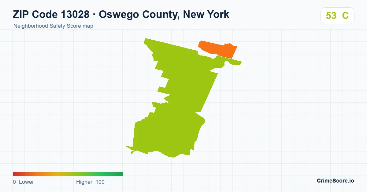 ZIP Code 13028 in Oswego County, New York neighborhood Safety Score map