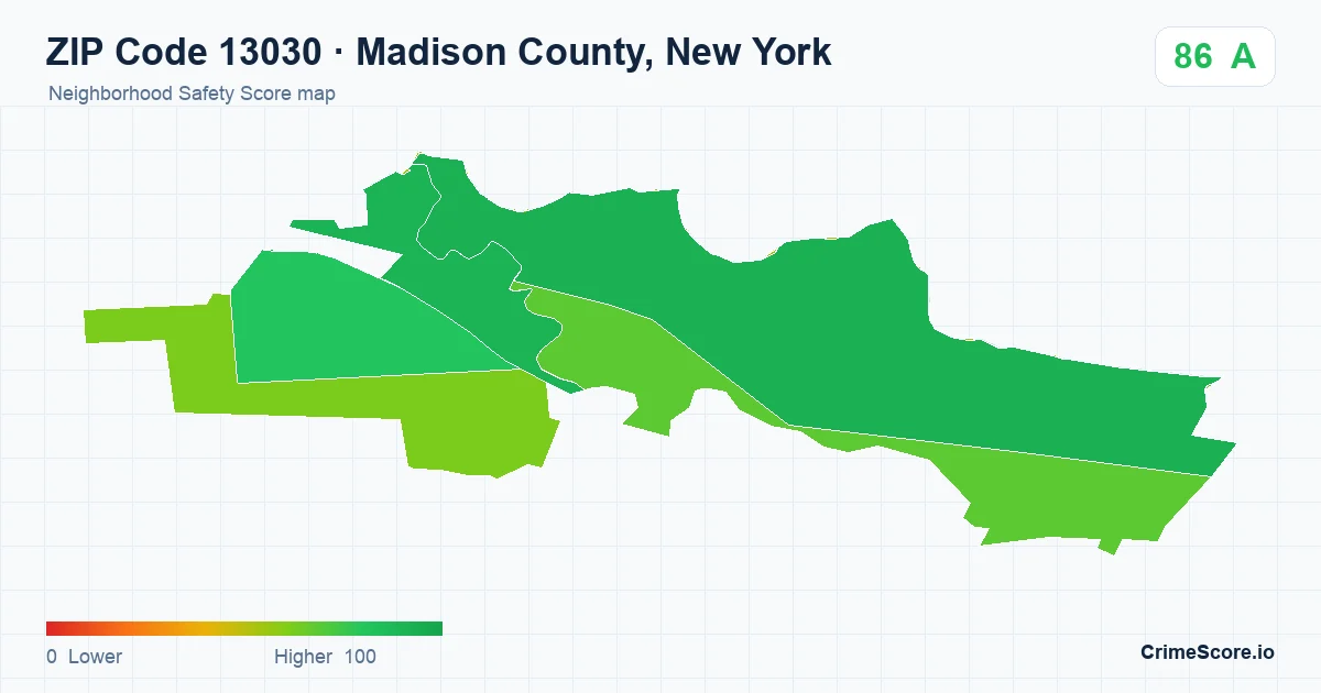 ZIP Code 13030 in Madison County, New York neighborhood Safety Score map