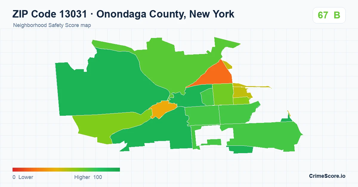 ZIP Code 13031 in Onondaga County, New York neighborhood Safety Score map