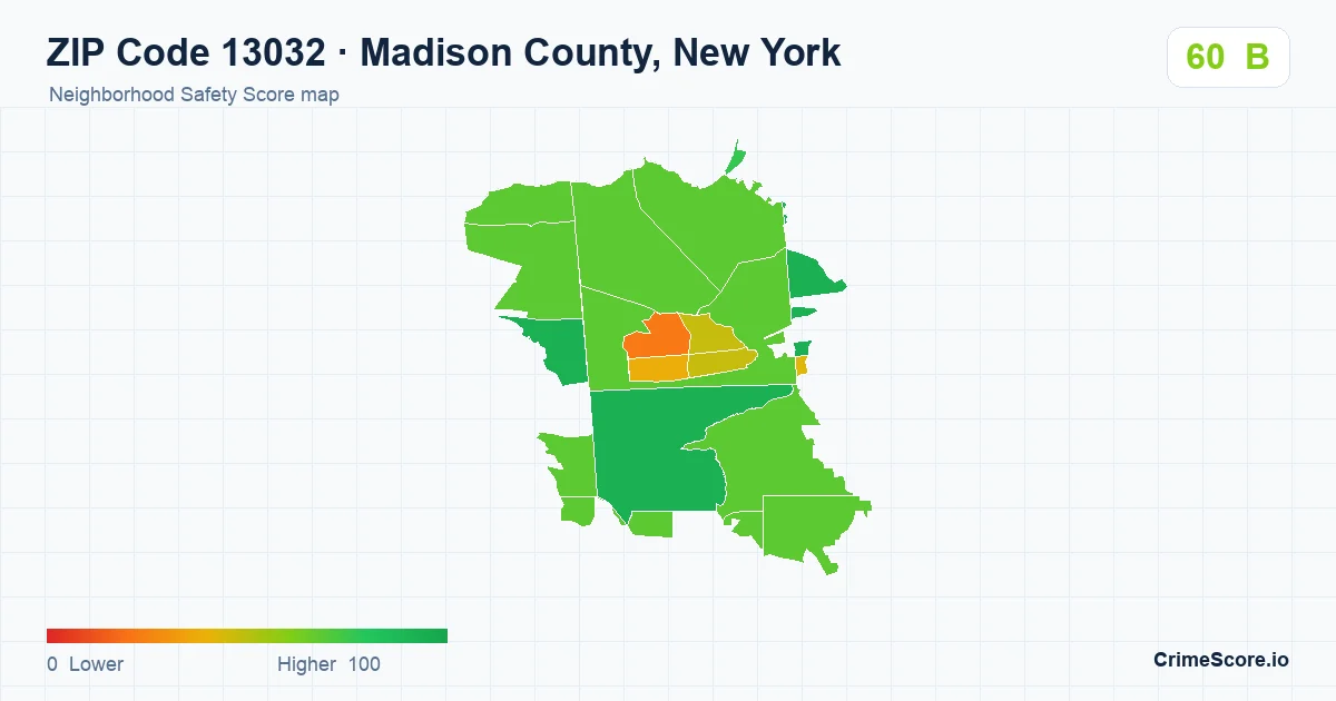 ZIP Code 13032 in Madison County, New York neighborhood Safety Score map