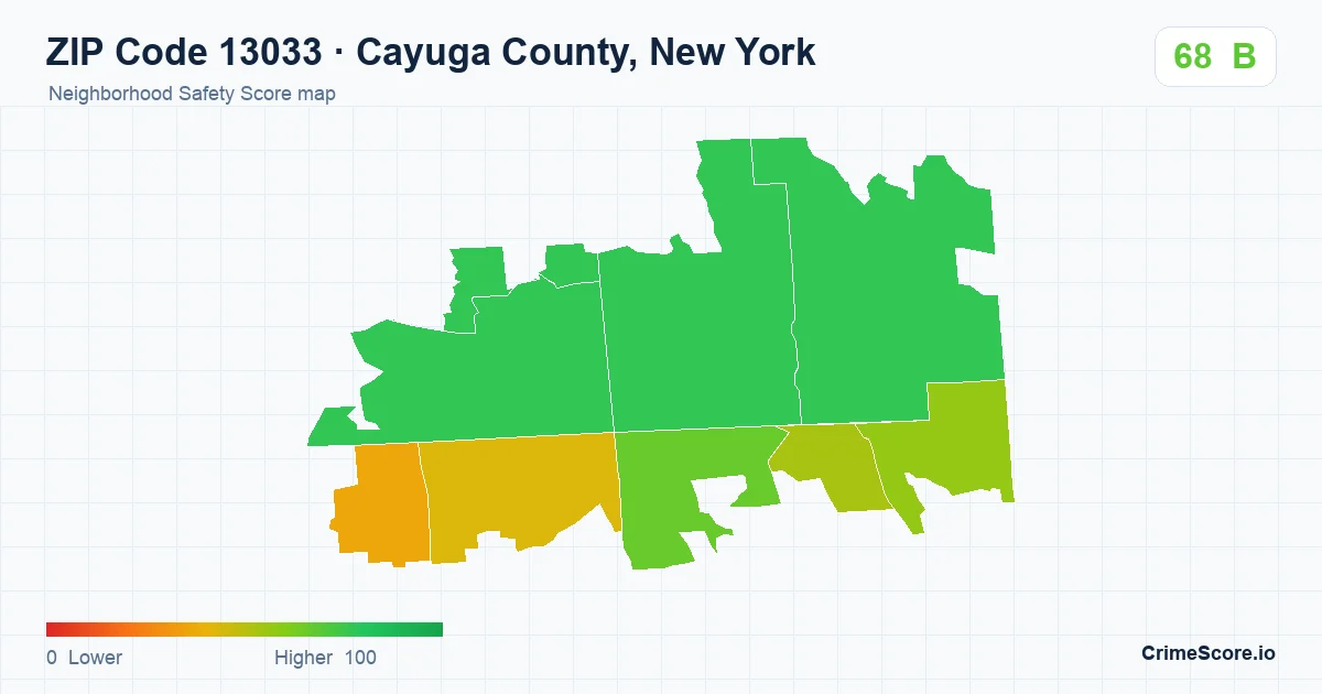 ZIP Code 13033 in Cayuga County, New York neighborhood Safety Score map
