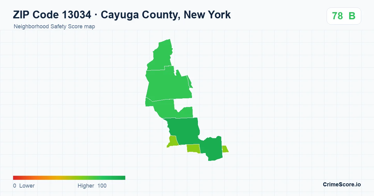 ZIP Code 13034 in Cayuga County, New York neighborhood Safety Score map