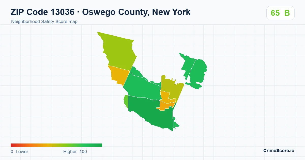 ZIP Code 13036 in Oswego County, New York neighborhood Safety Score map