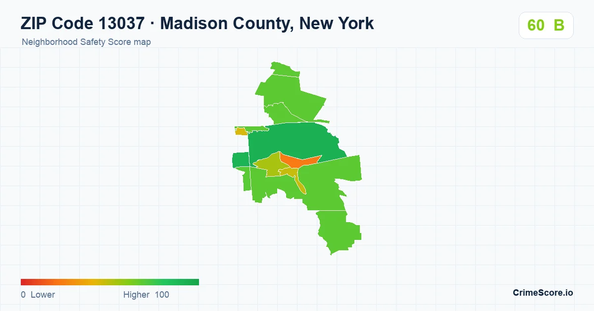 ZIP Code 13037 in Madison County, New York neighborhood Safety Score map